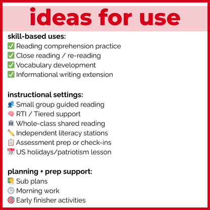 35+ Patriotic US Holidays Reading Comprehension Passages + Questions