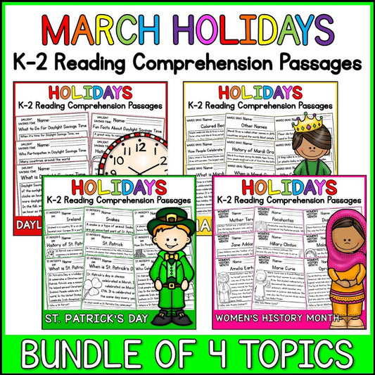 40 March Holidays Reading Comprehension Passages + Questions