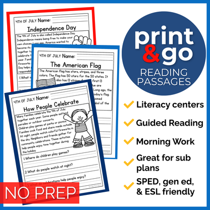 4th of July Reading Comprehension Passages + Questions