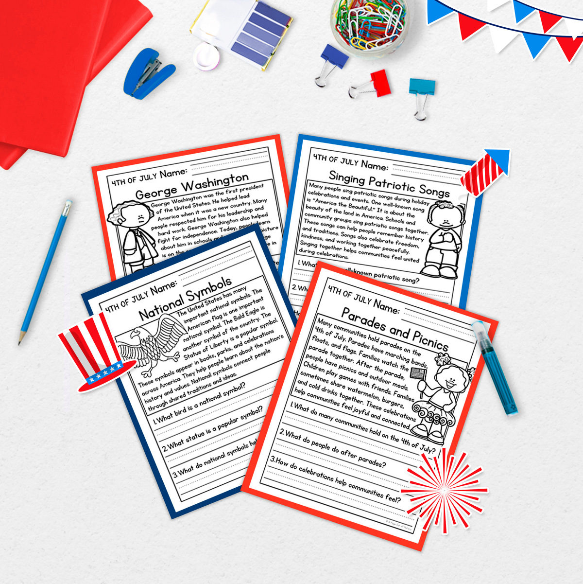4th of July Reading Comprehension Passages + Questions