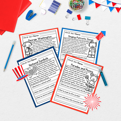 4th of July Reading Comprehension Passages + Questions