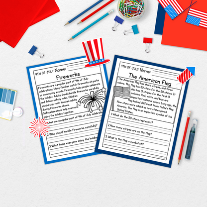 4th of July Reading Comprehension Passages + Questions