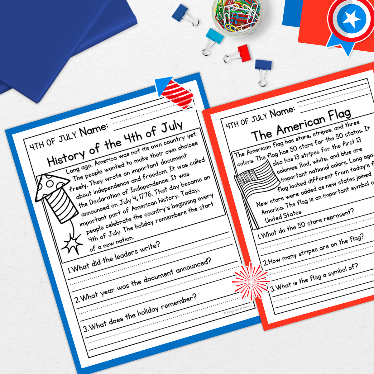 4th of July Reading Comprehension Passages + Questions