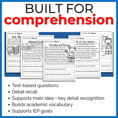 4th of July Reading Comprehension Passages + Questions
