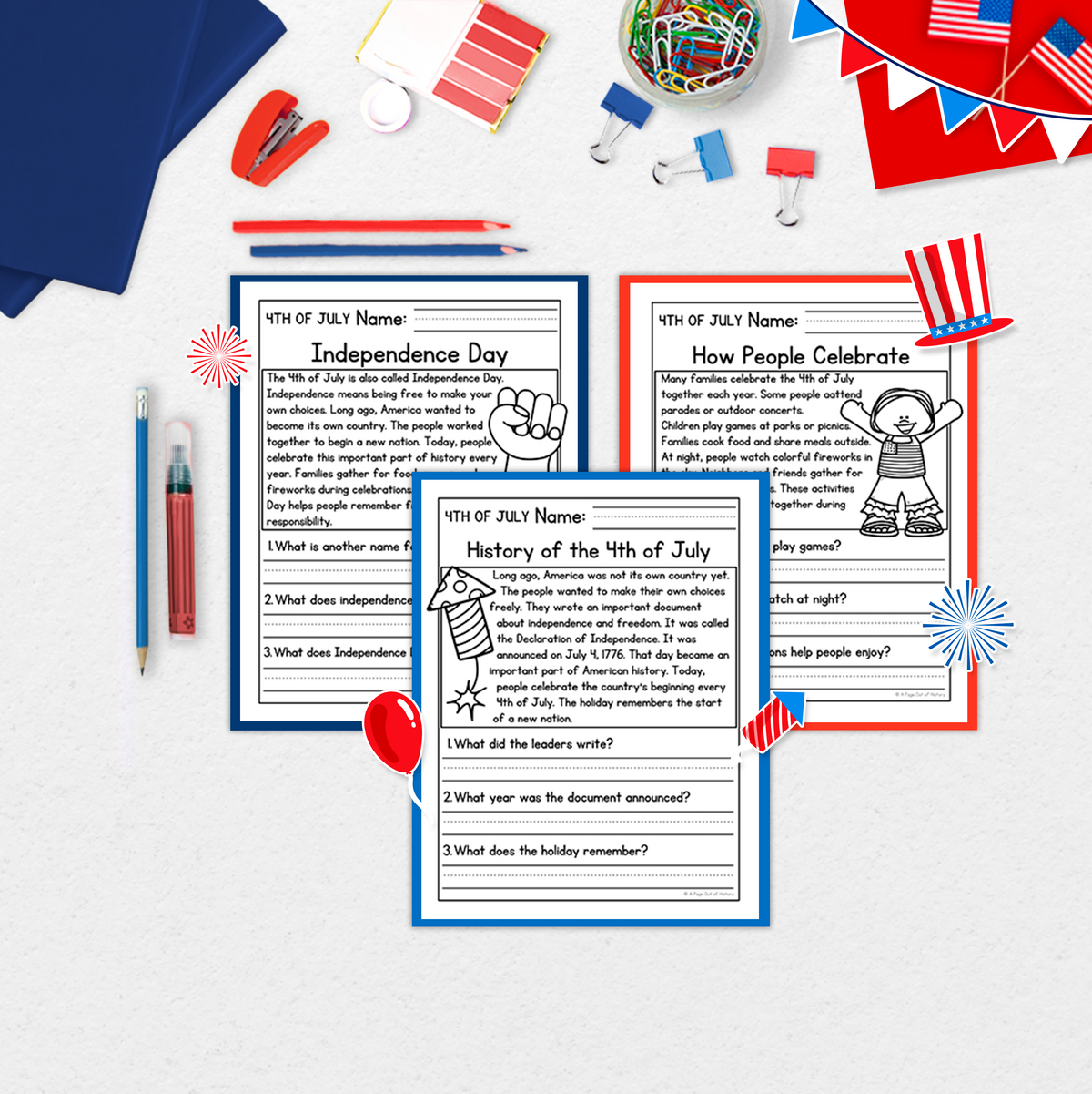 4th of July Reading Comprehension Passages + Questions
