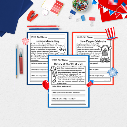 4th of July Reading Comprehension Passages + Questions