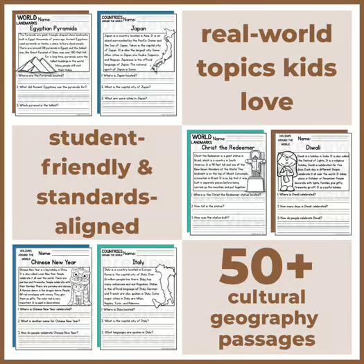 50+ Cultural Geography Reading Comprehension Passages + Questions