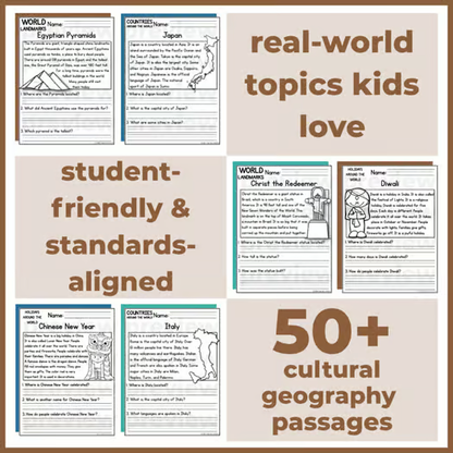 50+ Cultural Geography Reading Comprehension Passages + Questions