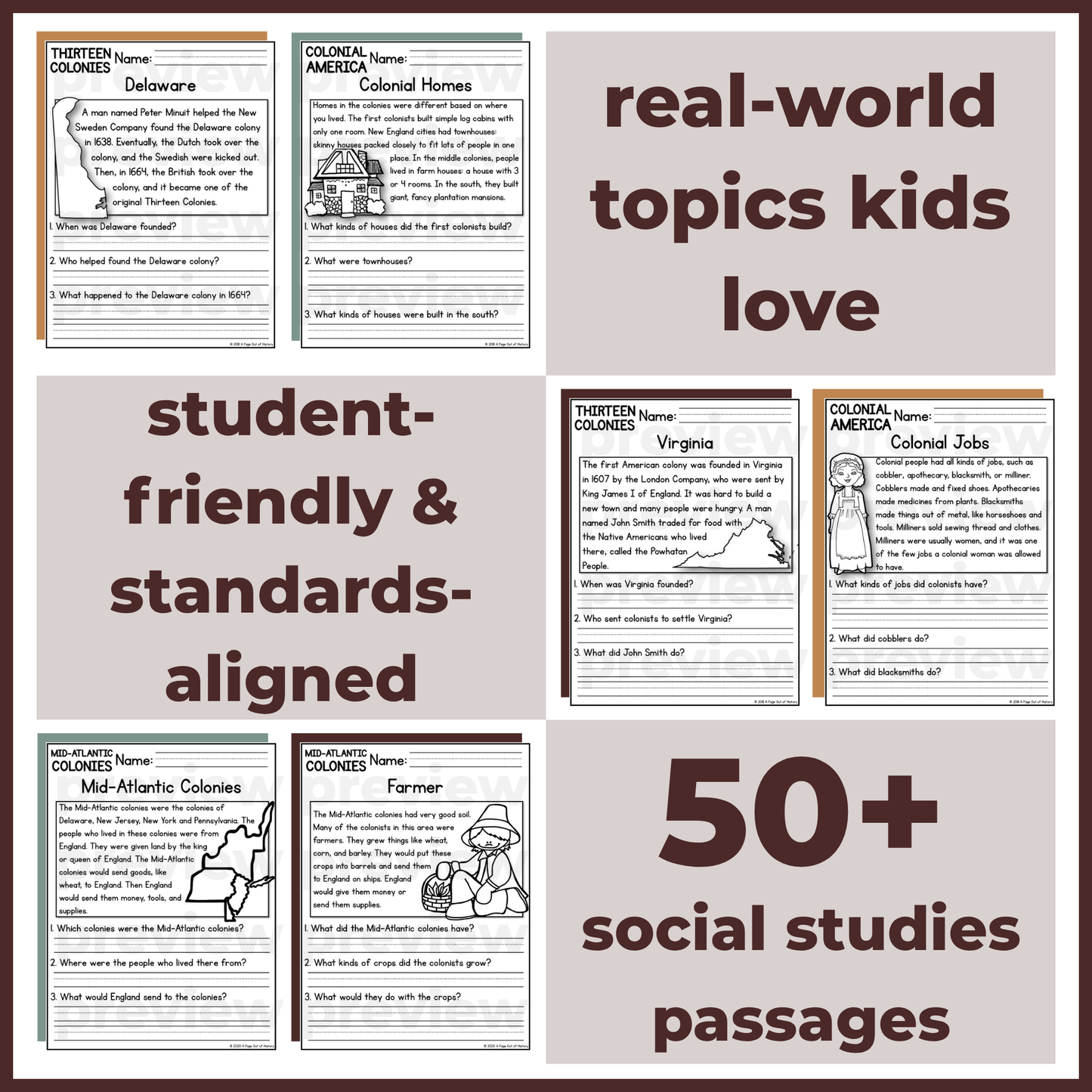 50+ Thirteen Colonies Reading Comprehension Passages + Questions