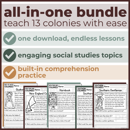 50+ Thirteen Colonies Reading Comprehension Passages + Questions