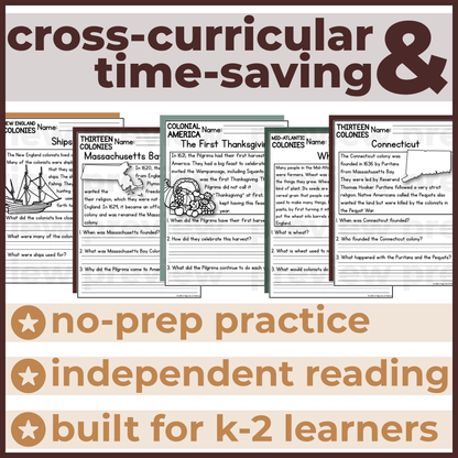 50+ Thirteen Colonies Reading Comprehension Passages + Questions