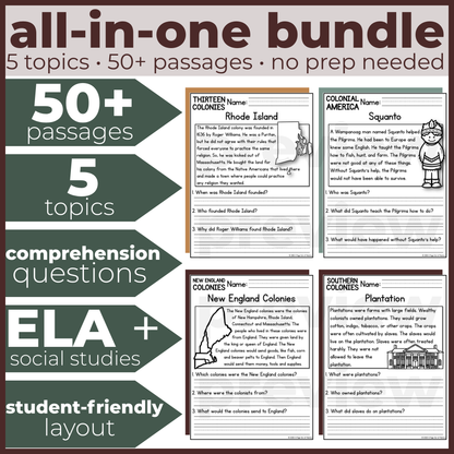 50+ Thirteen Colonies Reading Comprehension Passages + Questions
