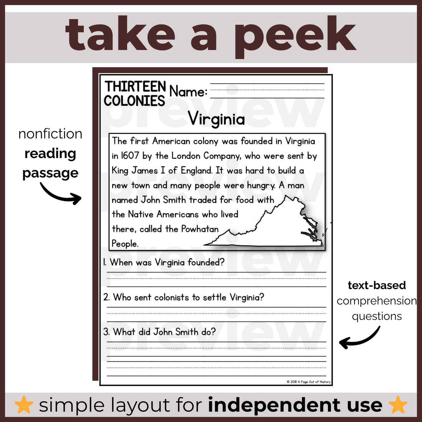 50+ Thirteen Colonies Reading Comprehension Passages + Questions