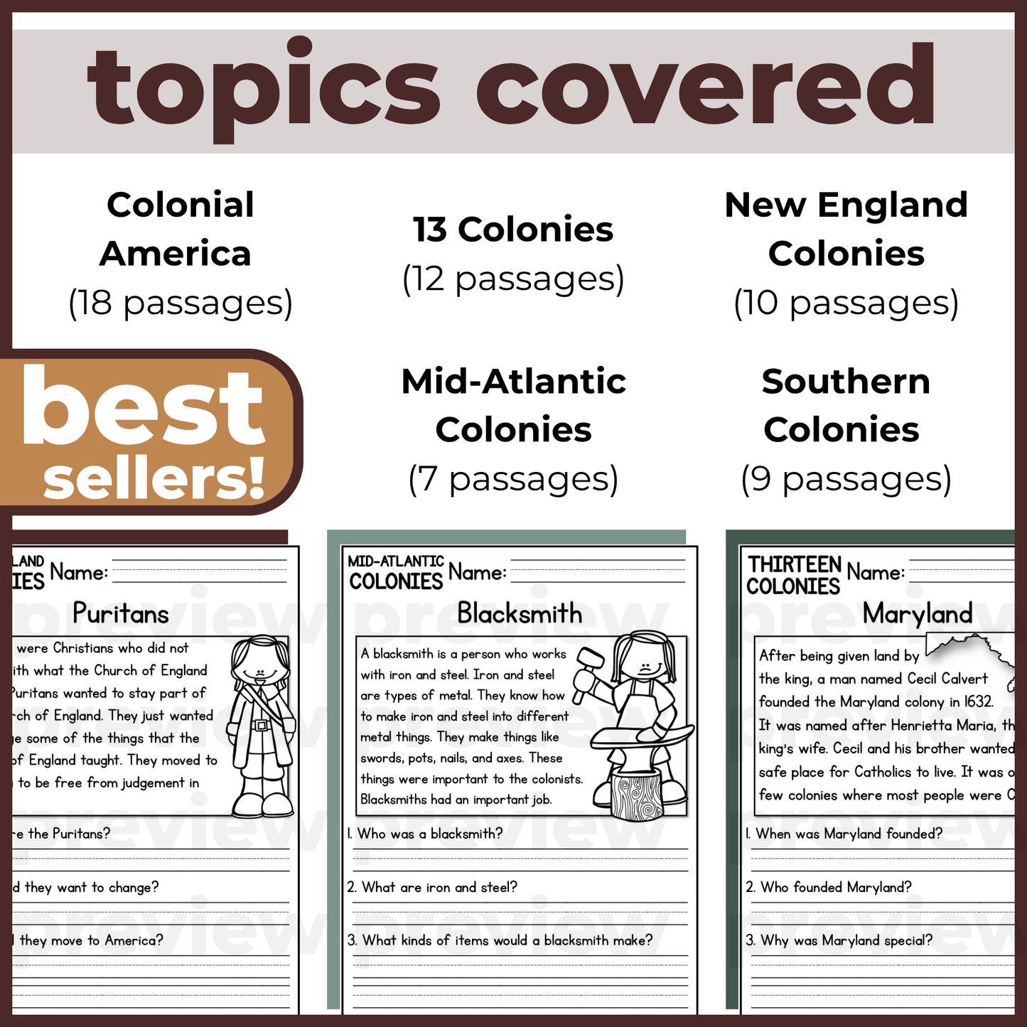 50+ Thirteen Colonies Reading Comprehension Passages + Questions