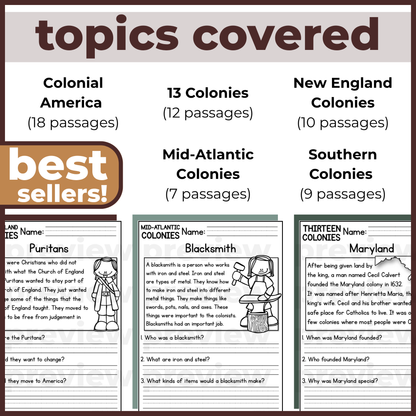 50+ Thirteen Colonies Reading Comprehension Passages + Questions