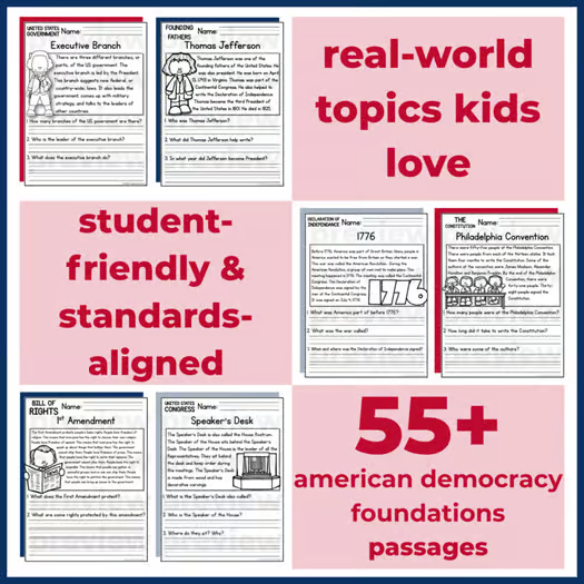 55+ American Democracy Foundations Reading Comprehension Passages + Questions