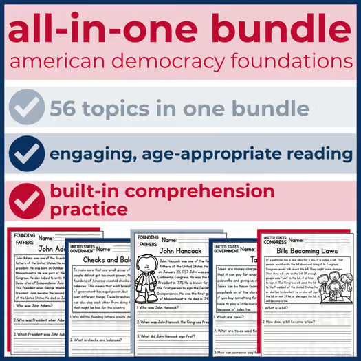 55+ American Democracy Foundations Reading Comprehension Passages + Questions
