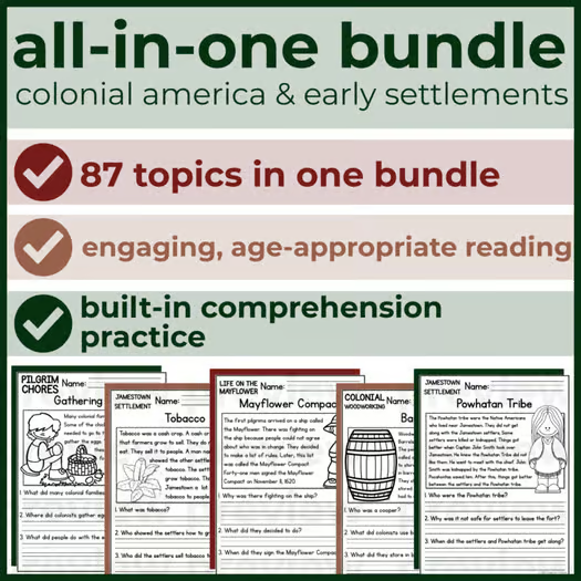 85+ Colonial America Reading Comprehension Passages + Questions
