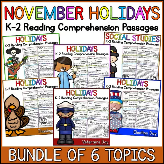 60+ November Holidays Reading Comprehension Passages + Questions