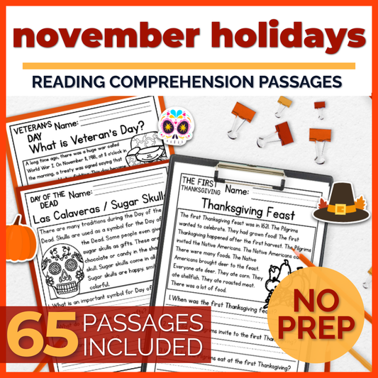 60+ November Holidays Reading Comprehension Passages + Questions