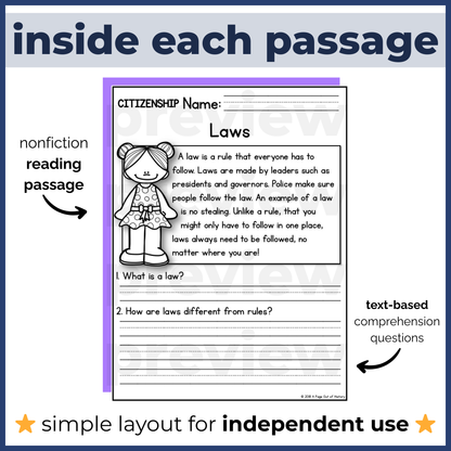 60+ Rights & Responsibilities Reading Comprehension Passages + Questions