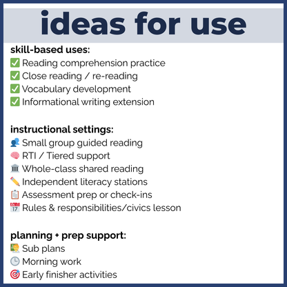 60+ Rights & Responsibilities Reading Comprehension Passages + Questions