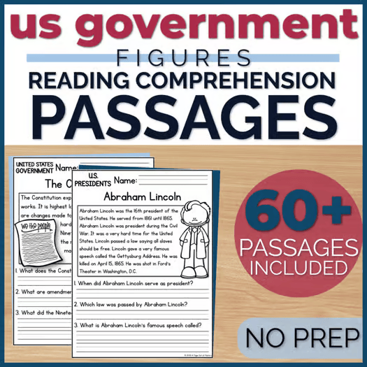 60+ US Government Figures Reading Comprehension Passages + Questions