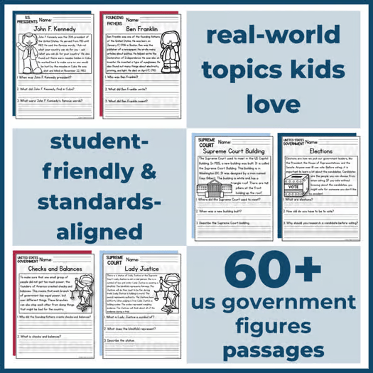 60+ US Government Figures Reading Comprehension Passages + Questions