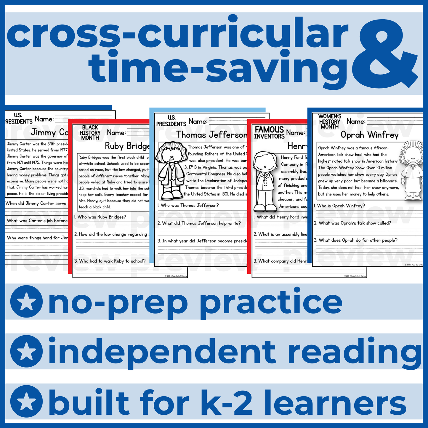 65+ Famous Americans Reading Comprehension Passages + Questions