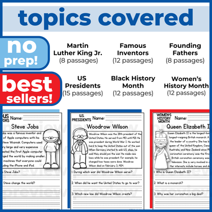 65+ Famous Americans Reading Comprehension Passages + Questions