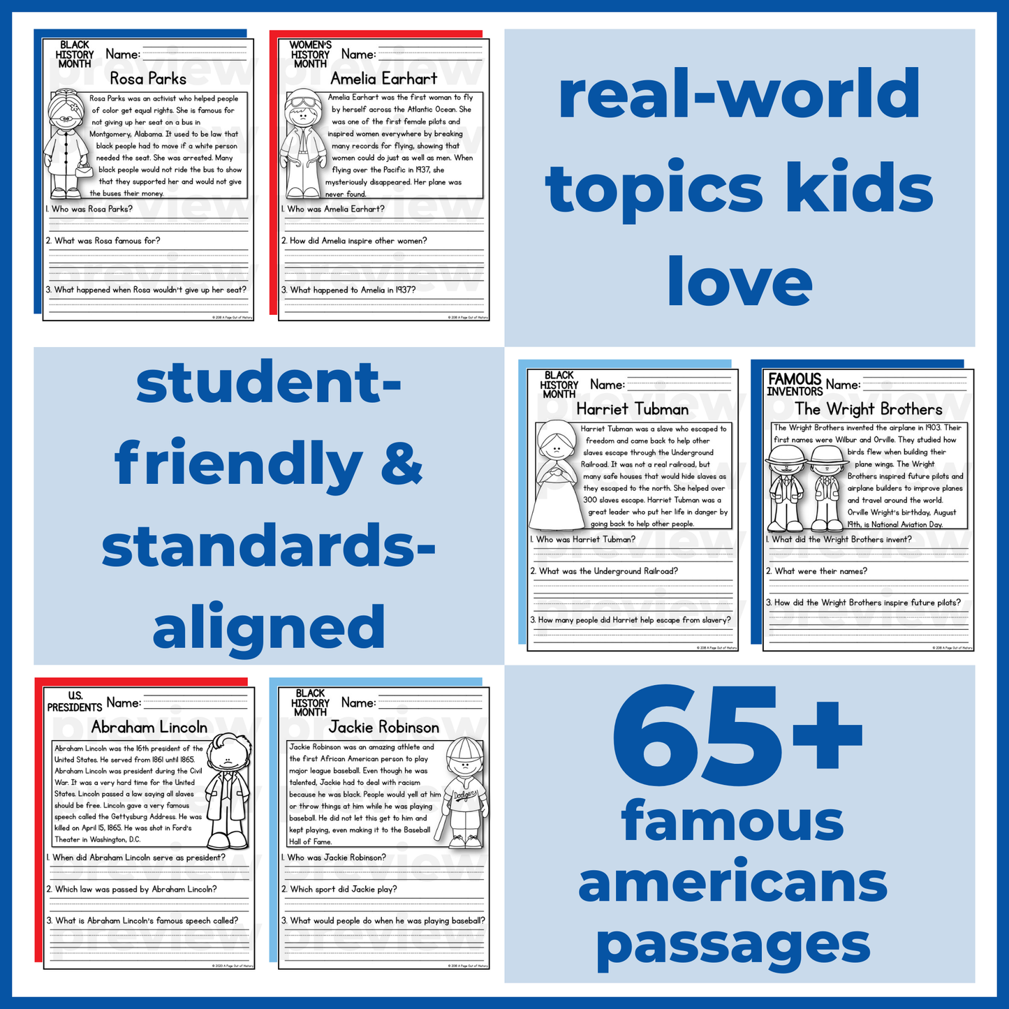 65+ Famous Americans Reading Comprehension Passages + Questions