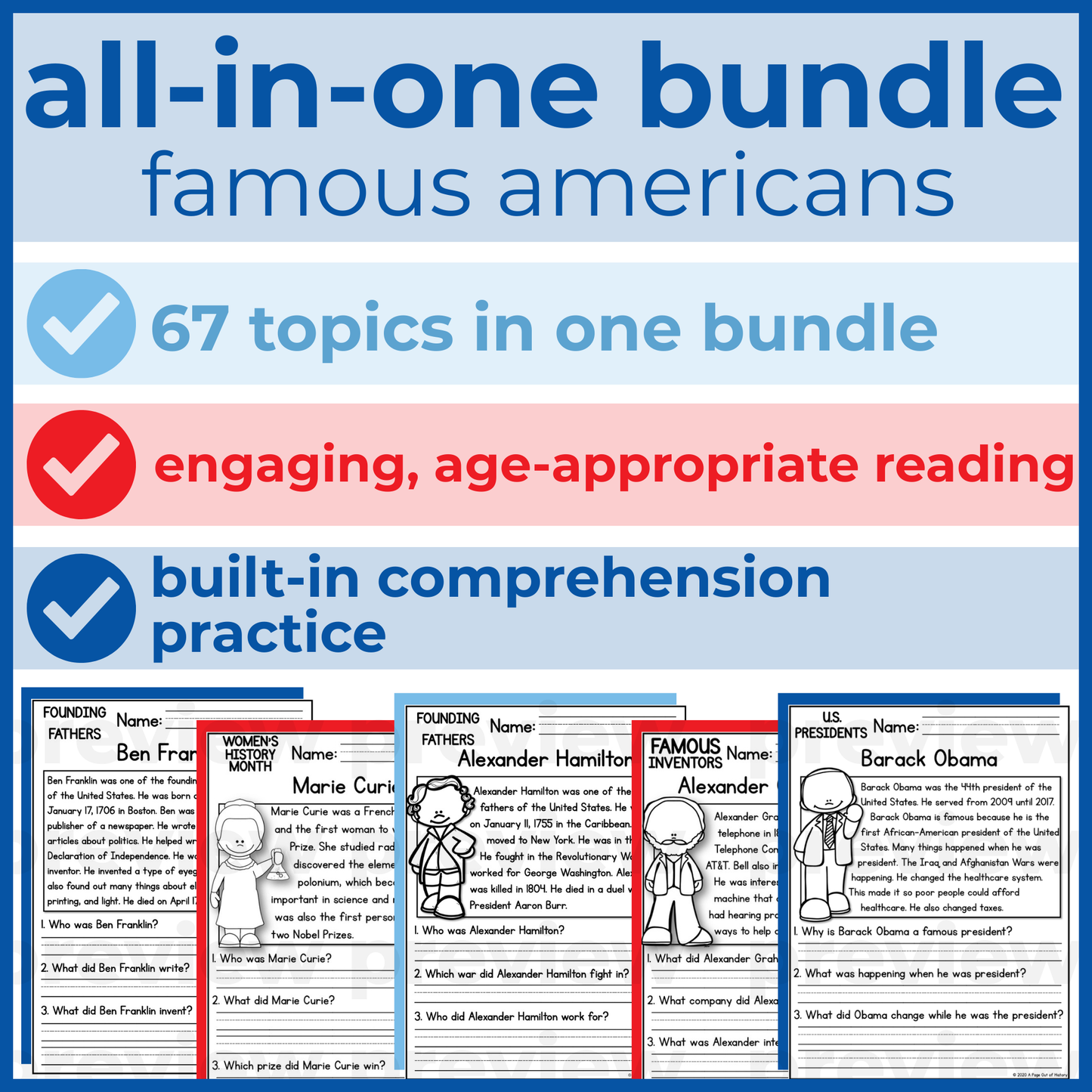 65+ Famous Americans Reading Comprehension Passages + Questions
