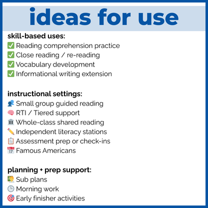 65+ Famous Americans Reading Comprehension Passages + Questions