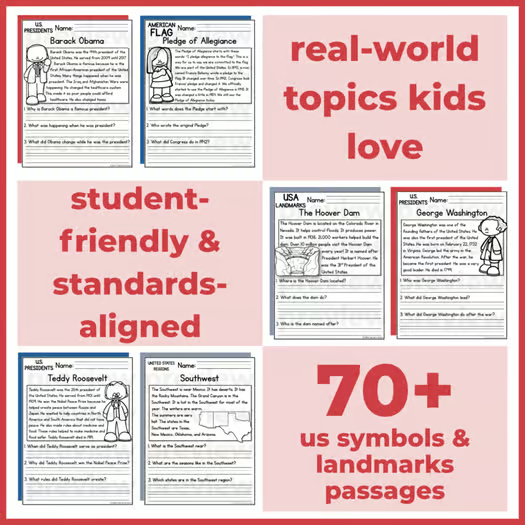 70+ US Symbols & Landmarks Reading Comprehension Passages + Questions