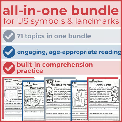 70+ US Symbols & Landmarks Reading Comprehension Passages + Questions