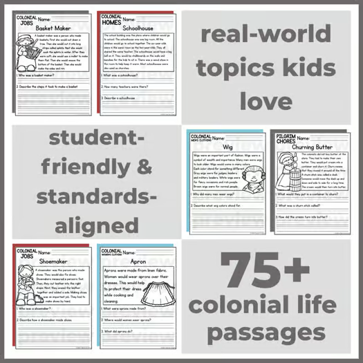 75+ Colonial America Life Reading Comprehension Passages + Questions