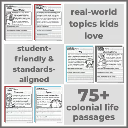 75+ Colonial America Life Reading Comprehension Passages + Questions