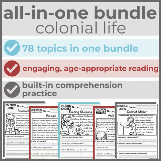 75+ Colonial America Life Reading Comprehension Passages + Questions