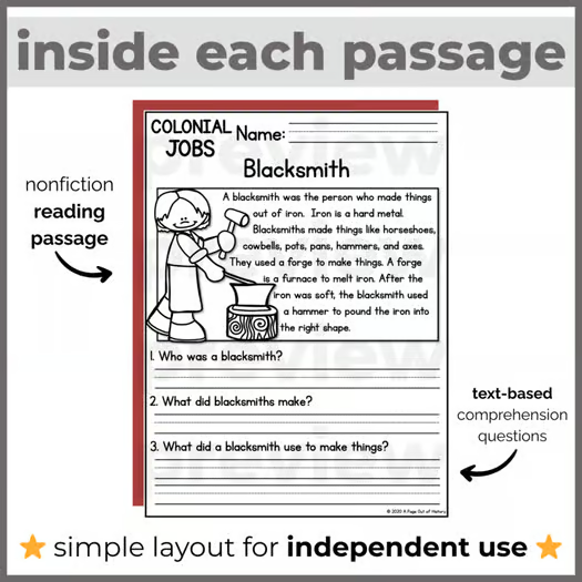 75+ Colonial America Life Reading Comprehension Passages + Questions