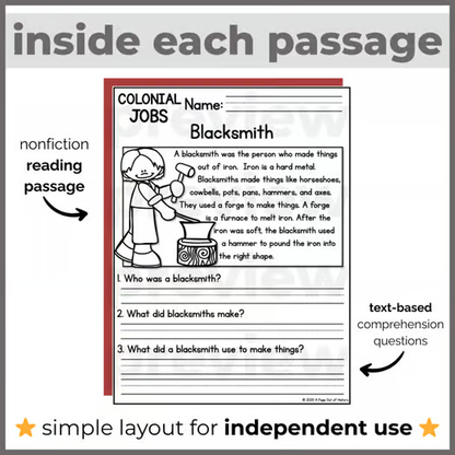 75+ Colonial America Life Reading Comprehension Passages + Questions
