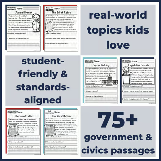 75+ Government & Civics Reading Comprehension Passages + Questions