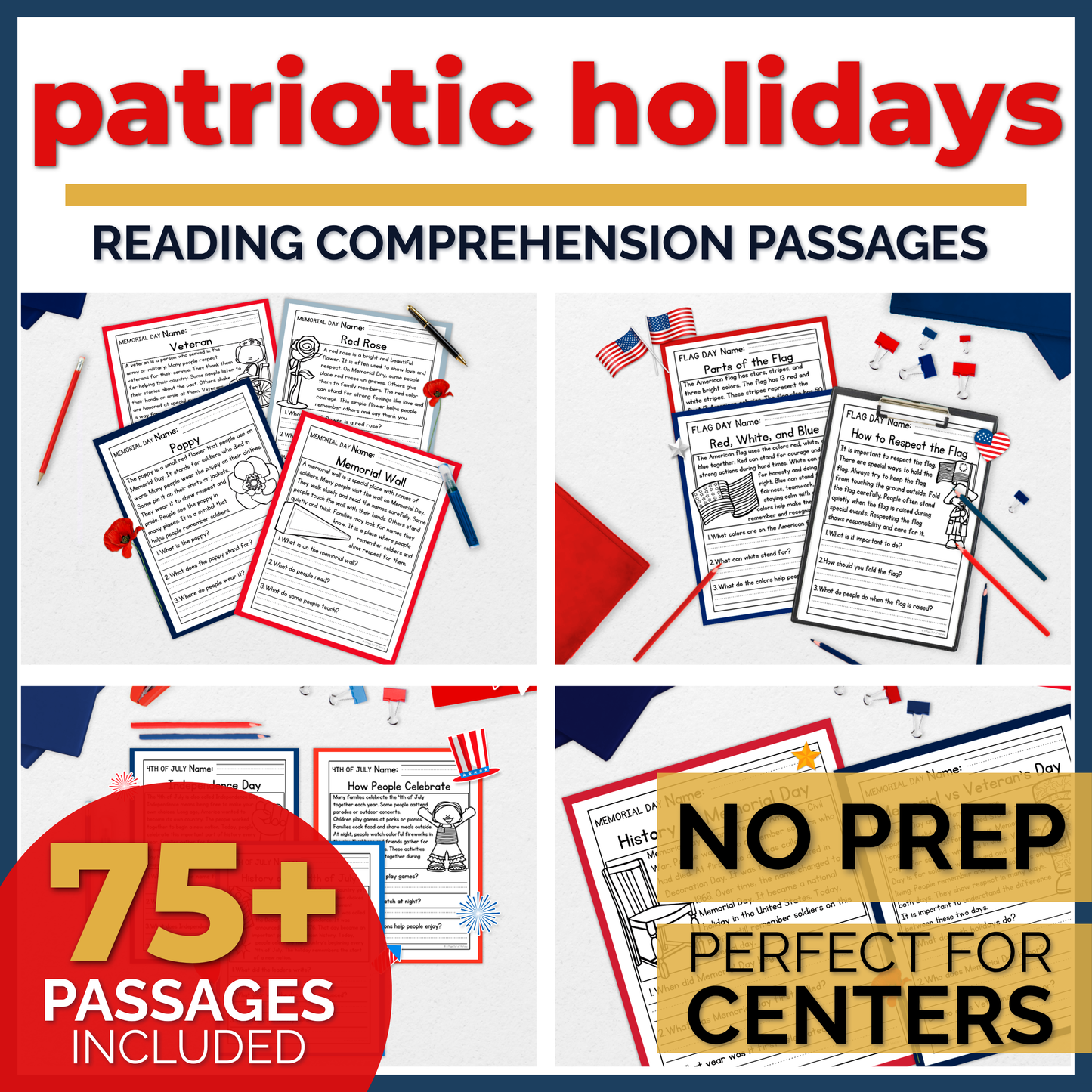 75+ Patriotic US Holidays Reading Comprehension Passages + Questions