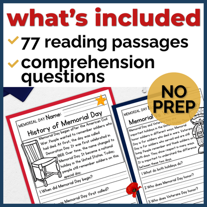 75+ Patriotic US Holidays Reading Comprehension Passages + Questions