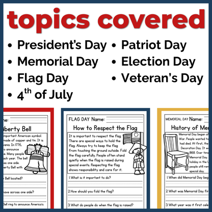 75+ Patriotic US Holidays Reading Comprehension Passages + Questions