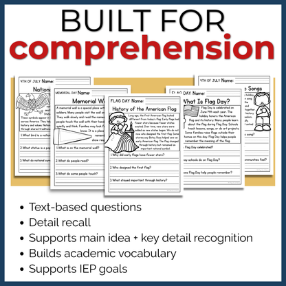 75+ Patriotic US Holidays Reading Comprehension Passages + Questions