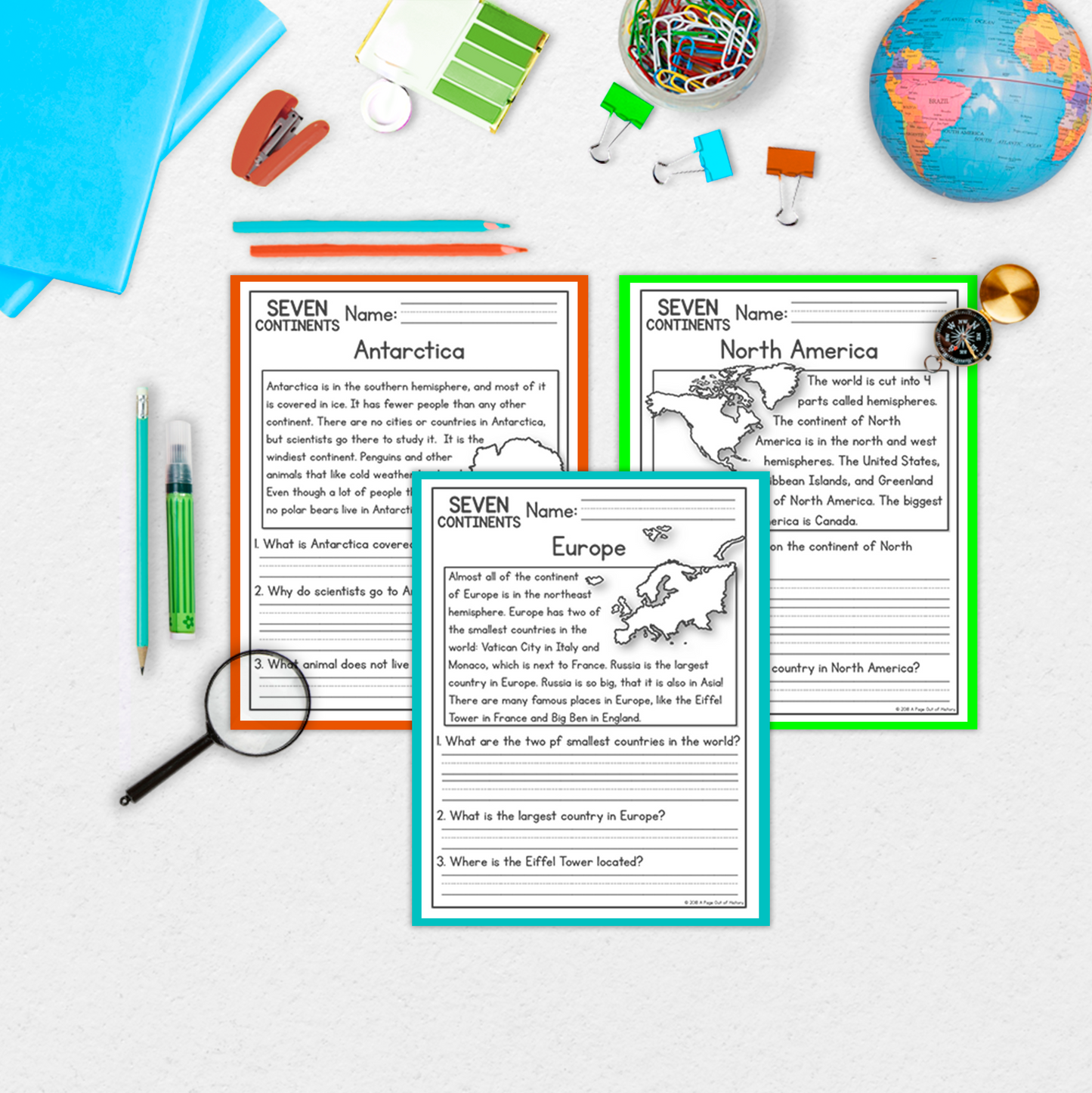 7 Continents Reading Comprehension Passages + Questions