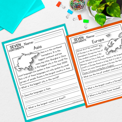 7 Continents Reading Comprehension Passages + Questions