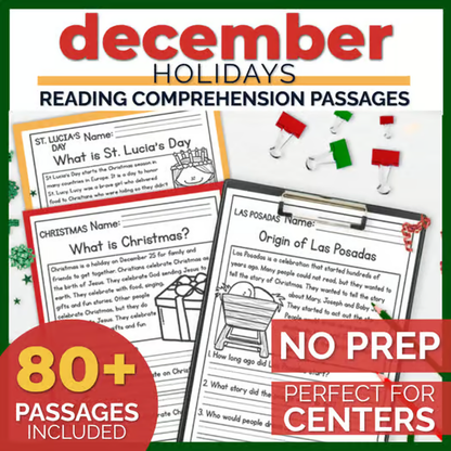 80+ December Holidays Reading Comprehension Passages + Questions