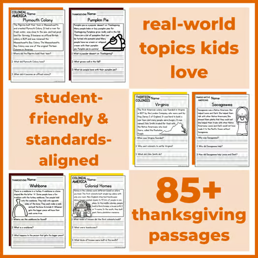 85+ Thanksgiving, Native & 13 Colonies Reading Comprehension Passages + Questions