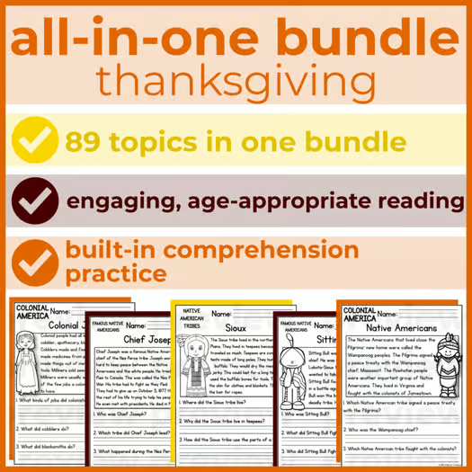 85+ Thanksgiving, Native & 13 Colonies Reading Comprehension Passages + Questions